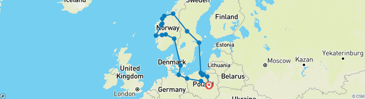 Image of a map showing the route of the tour
