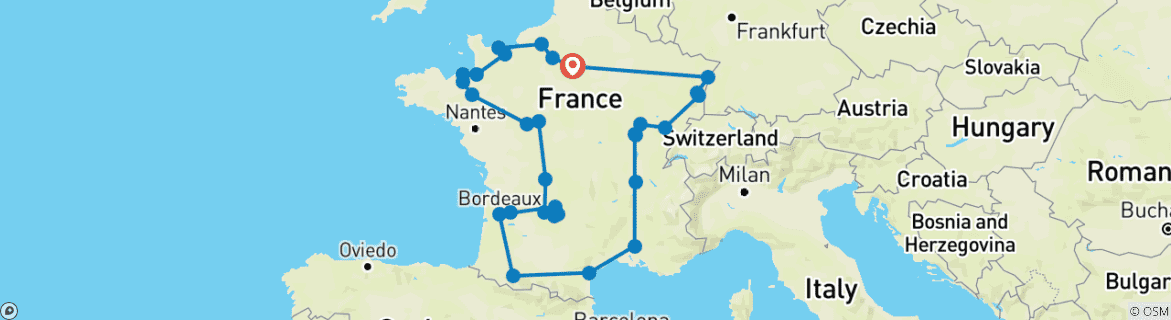 Carte du circuit Passion française (41 destinations)