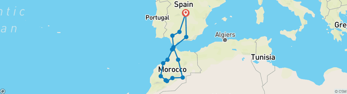 Image of a map showing the route of the tour
