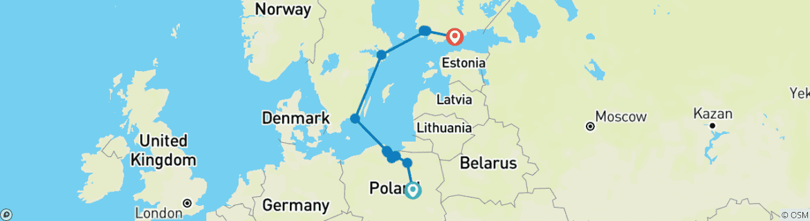 Image of a map showing the route of the tour