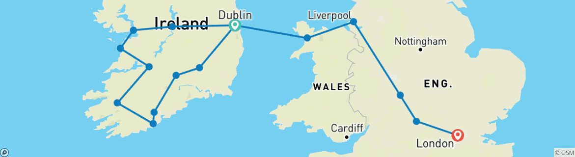 Image of a map showing the route of the tour