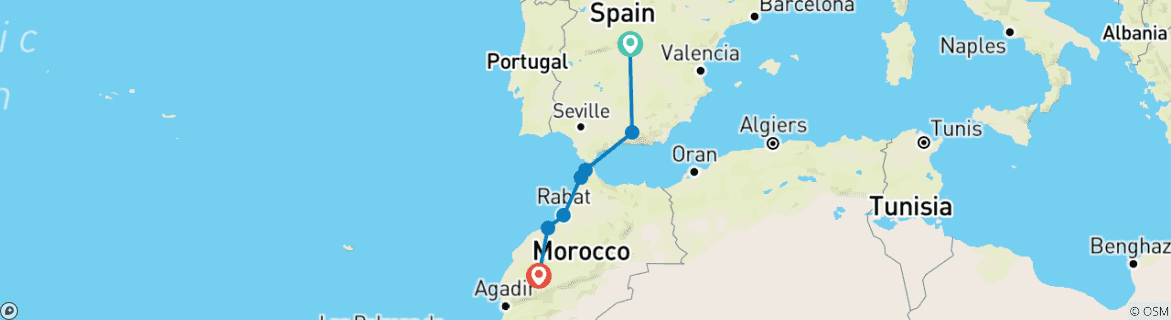 Image of a map showing the route of the tour