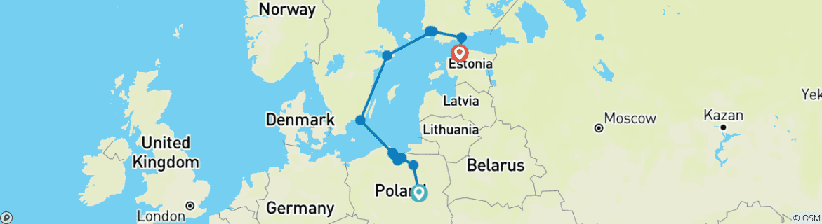 Image of a map showing the route of the tour