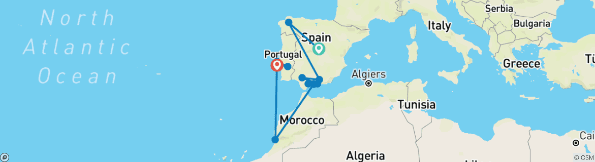 Carte du circuit Sud de l'Espagne avec Lisbonne (from Madrid to Estoril)