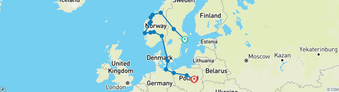 Image of a map showing the route of the tour