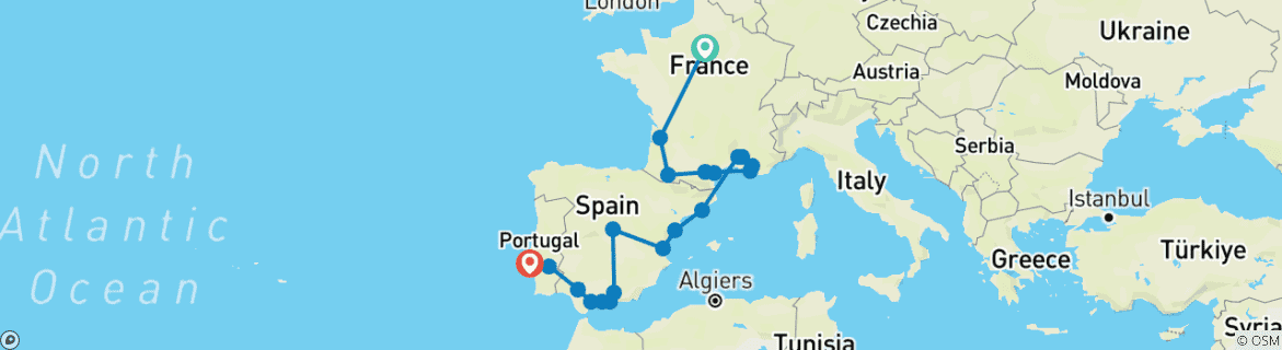 Image of a map showing the route of the tour