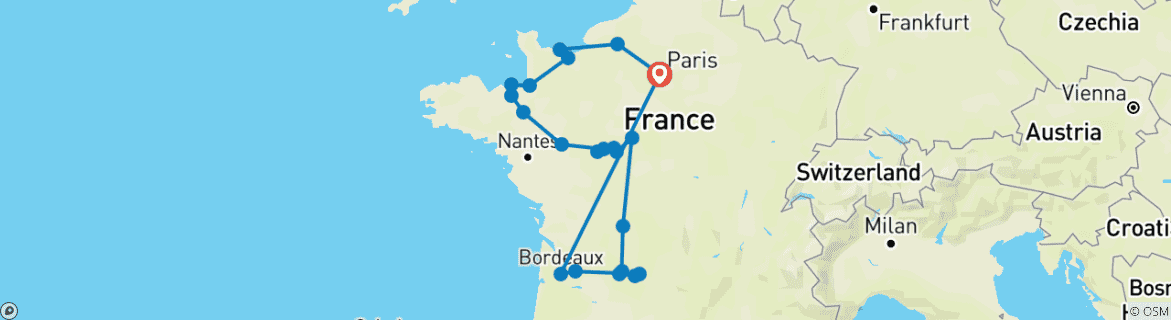 Image of a map showing the route of the tour
