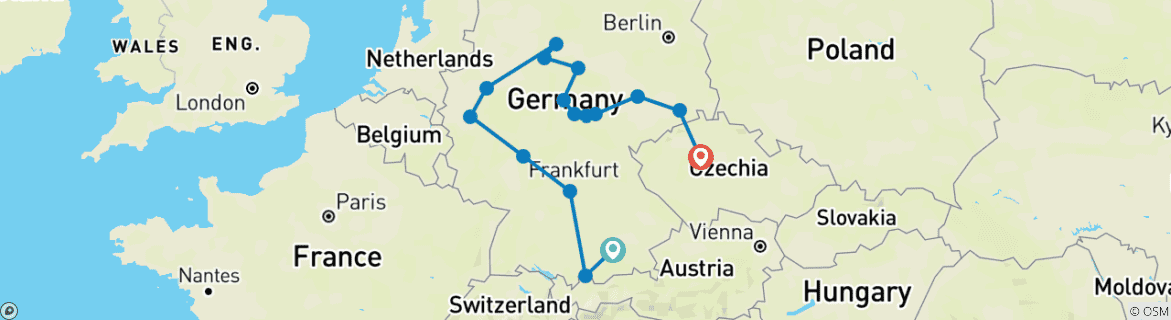 Image of a map showing the route of the tour