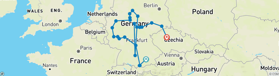Image of a map showing the route of the tour