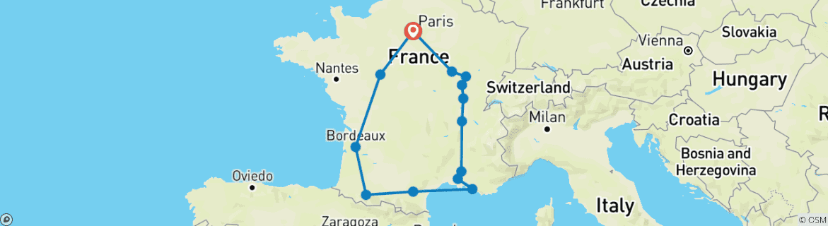 Image of a map showing the route of the tour