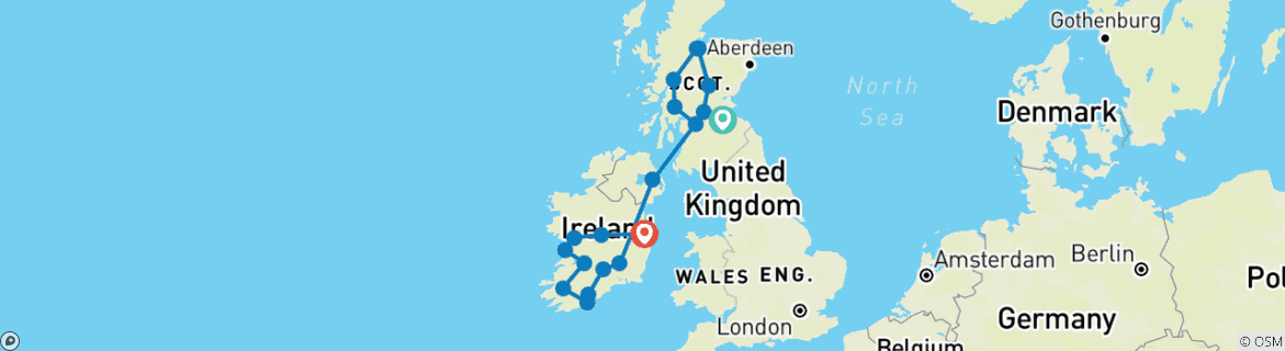 Carte du circuit L'Écosse et l'Irlande (19 destinations)