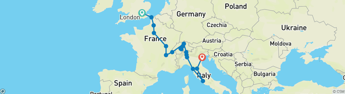 Image of a map showing the route of the tour