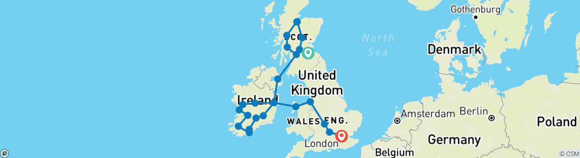 Carte du circuit Écosse et Irlande avec Londres (25 destinations)