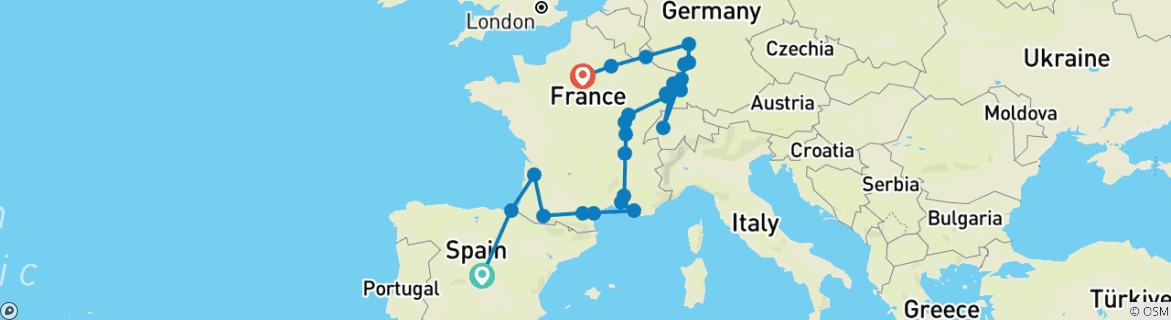 Image of a map showing the route of the tour
