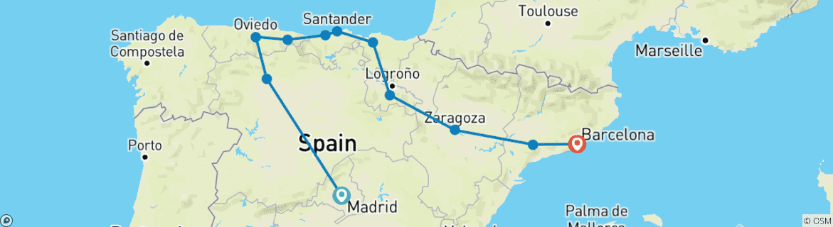 Image of a map showing the route of the tour