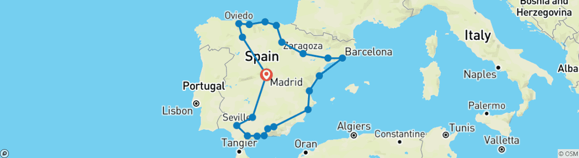 Carte du circuit Ole espagnol (21 destinations)