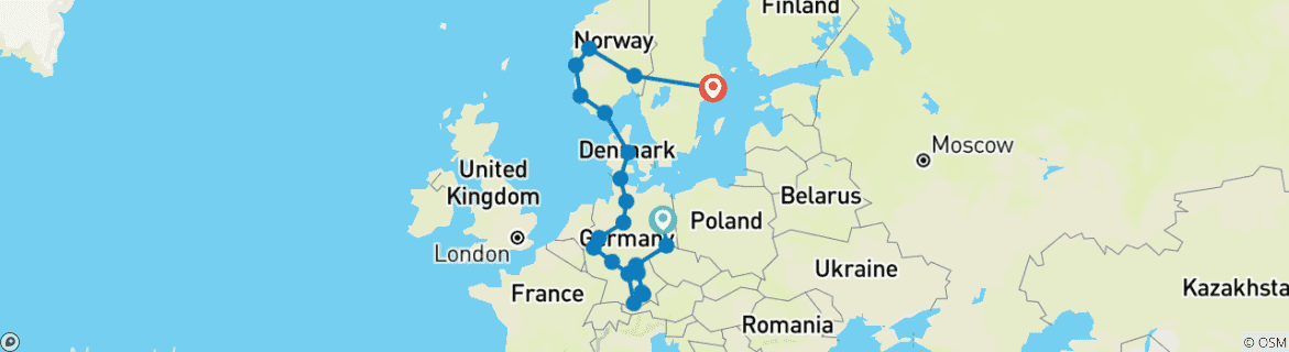 Image of a map showing the route of the tour