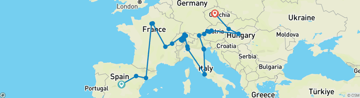 Image of a map showing the route of the tour