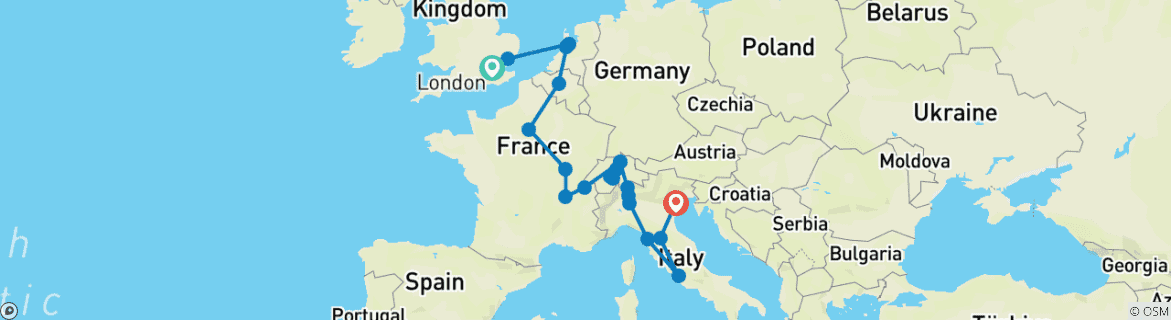 Image of a map showing the route of the tour