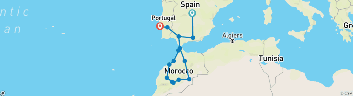 Image of a map showing the route of the tour