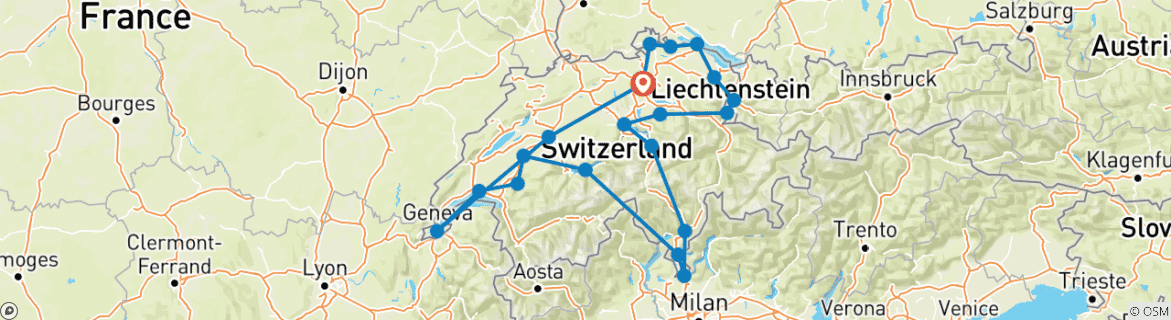 Image of a map showing the route of the tour