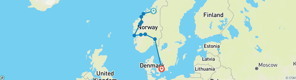 Image of a map showing the route of the tour