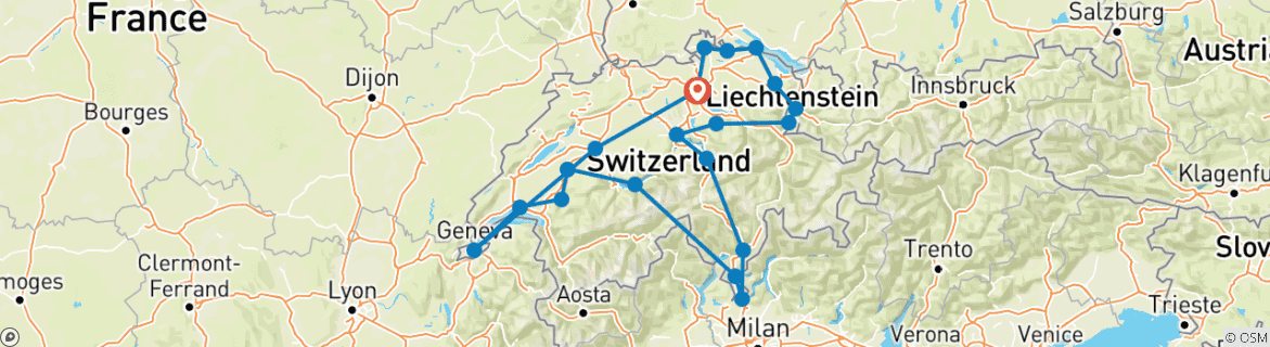 Image of a map showing the route of the tour