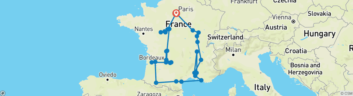 Image of a map showing the route of the tour