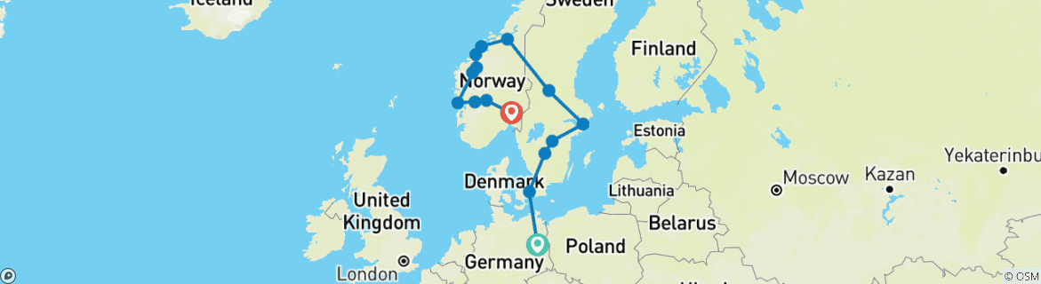 Image of a map showing the route of the tour