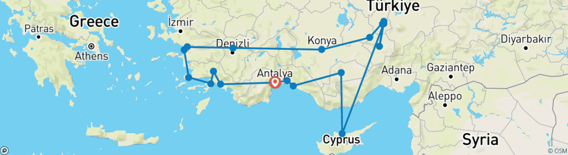 Image of a map showing the route of the tour