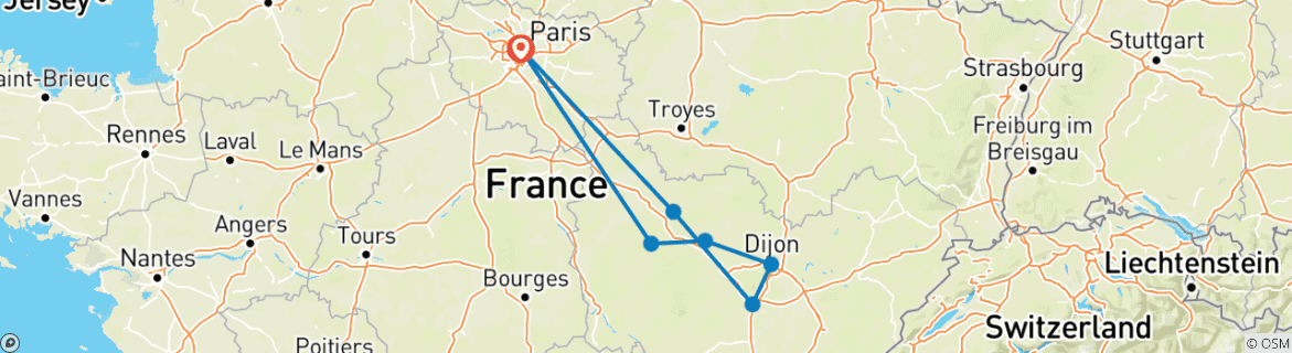 Image of a map showing the route of the tour