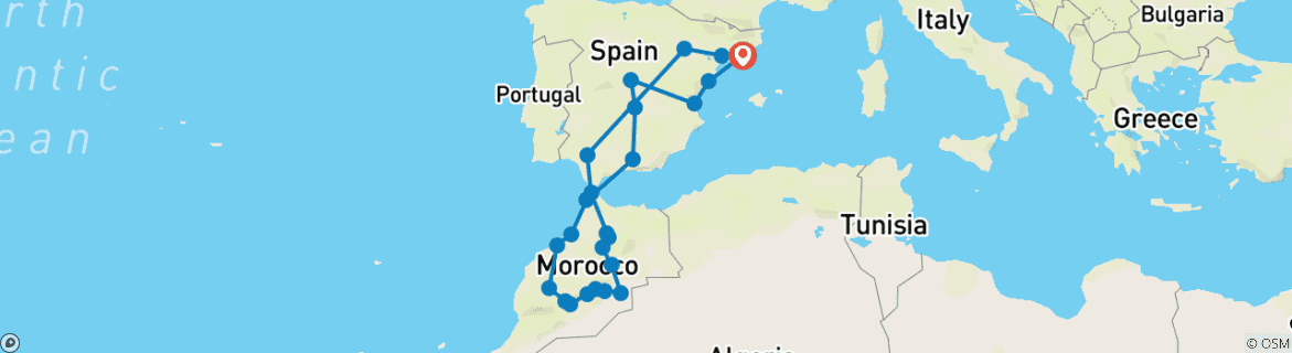 Image of a map showing the route of the tour