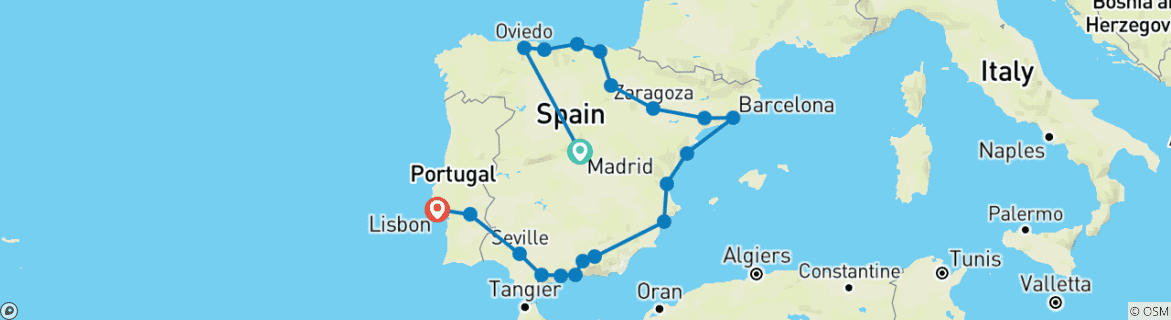 Image of a map showing the route of the tour