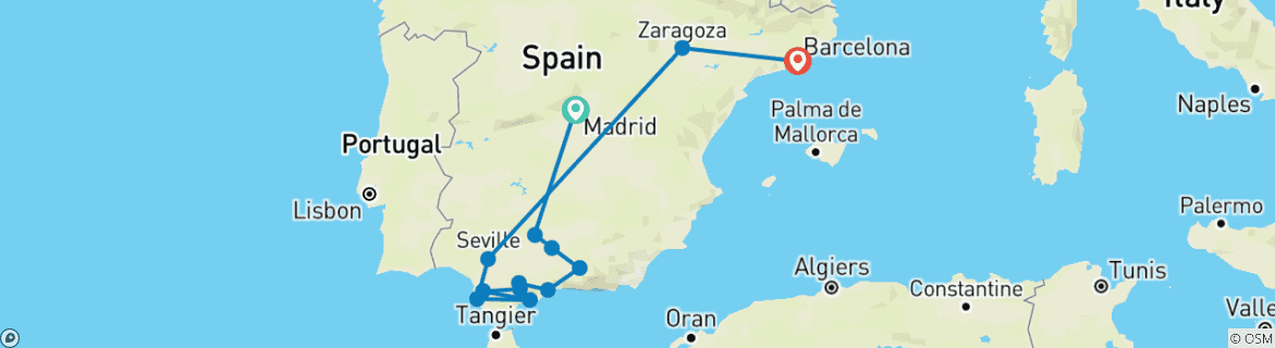 Image of a map showing the route of the tour