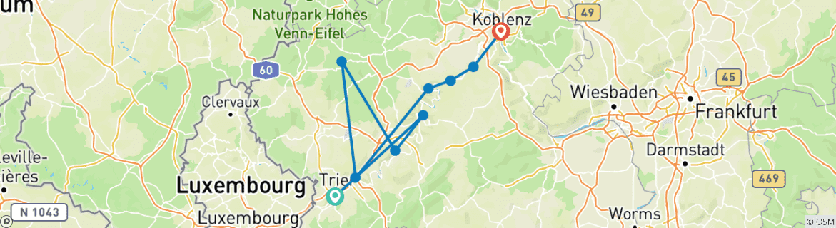 Image d'une carte montrant l'itinéraire du circuit