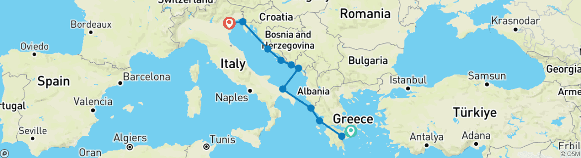 Image of a map showing the route of the tour