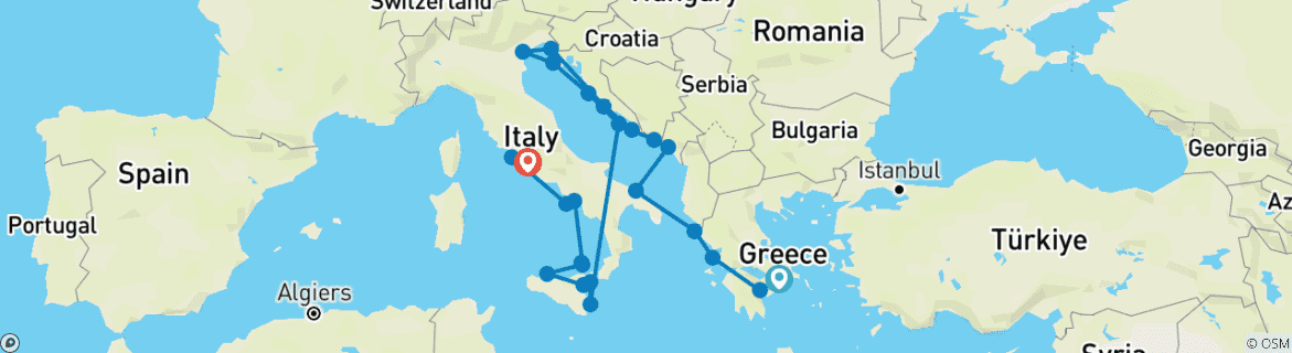 Image of a map showing the route of the tour