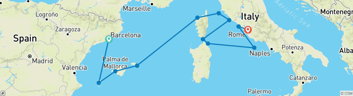 Image of a map showing the route of the tour