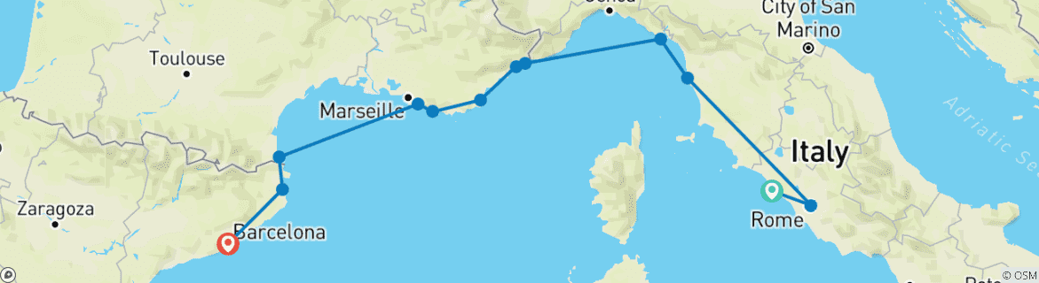 Image of a map showing the route of the tour