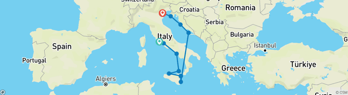 Image of a map showing the route of the tour