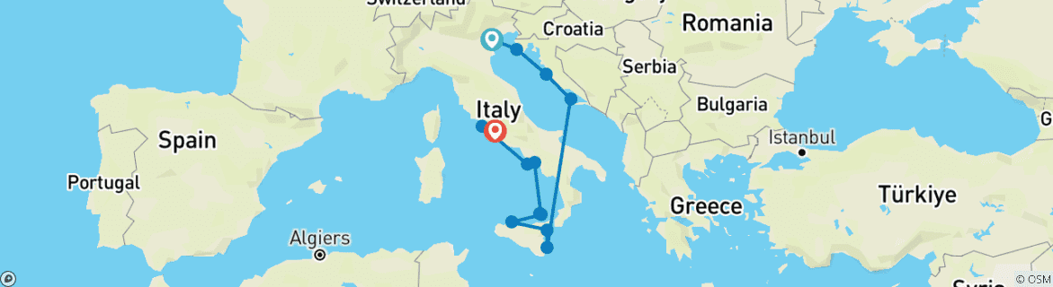 Image of a map showing the route of the tour