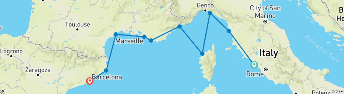 Image of a map showing the route of the tour