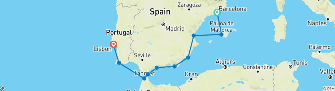 Image of a map showing the route of the tour