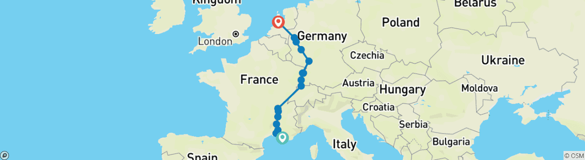 Image of a map showing the route of the tour
