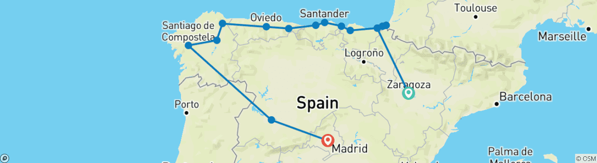 Image of a map showing the route of the tour