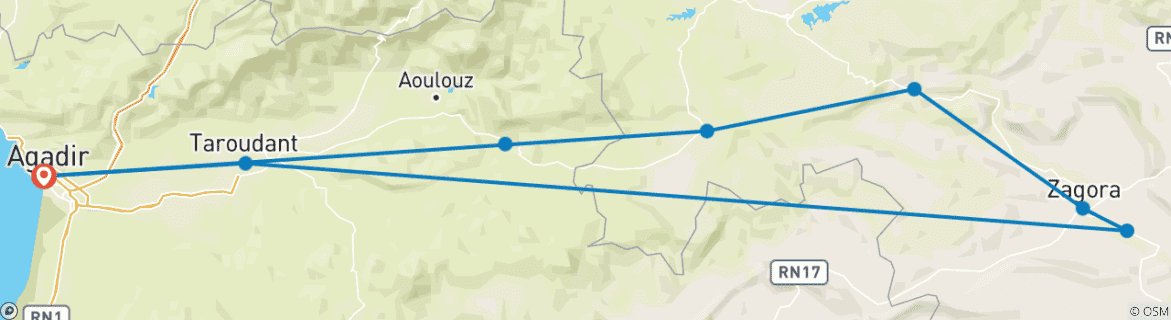 Image of a map showing the route of the tour