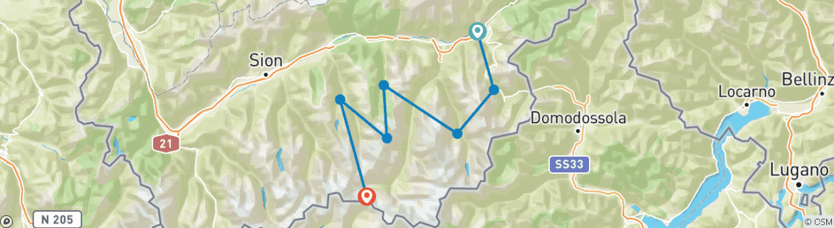 Image of a map showing the route of the tour