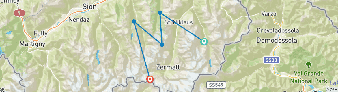Image of a map showing the route of the tour
