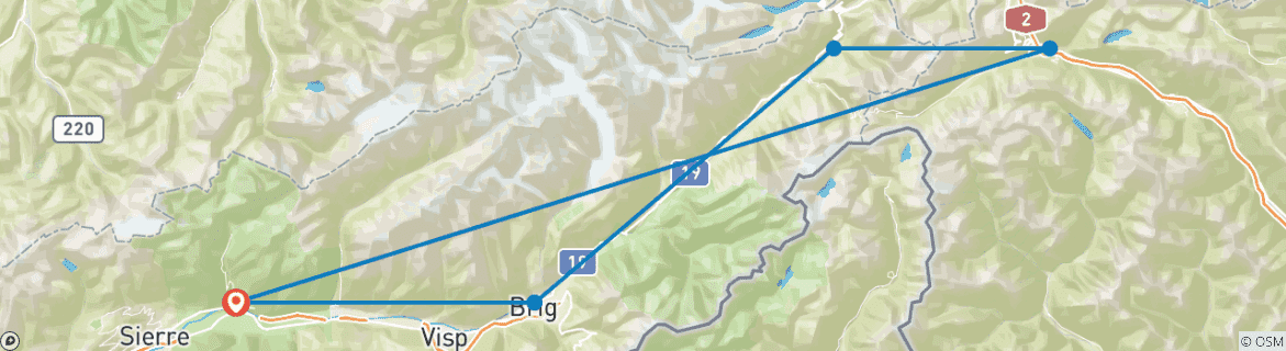 Image of a map showing the route of the tour