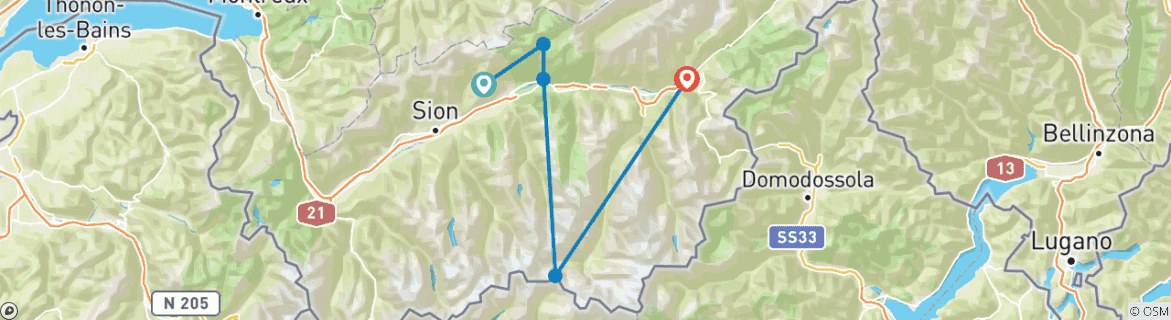 Image of a map showing the route of the tour